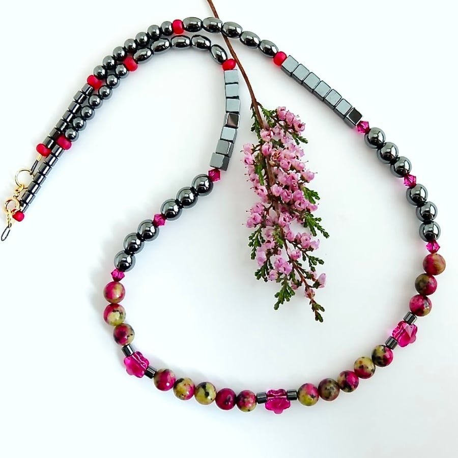 Ruby In Zoisite, Pink Swarovski Crystal & Hematite Necklace - Sale