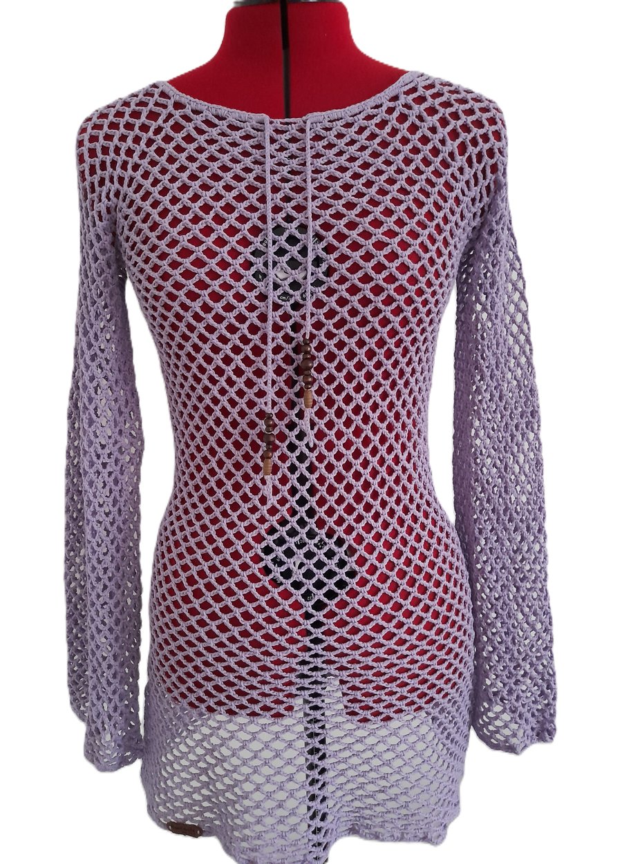  Lilac Crochet Mesh Dress, Boho Beach Cover-Up, Long Sleeve Summer Dress