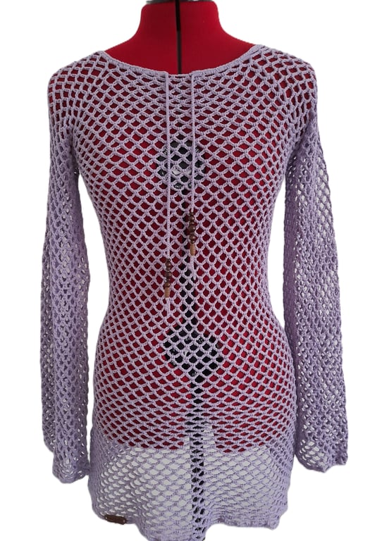  Lilac Crochet Mesh Dress, Boho Beach Cover-Up, Long Sleeve Summer Dress
