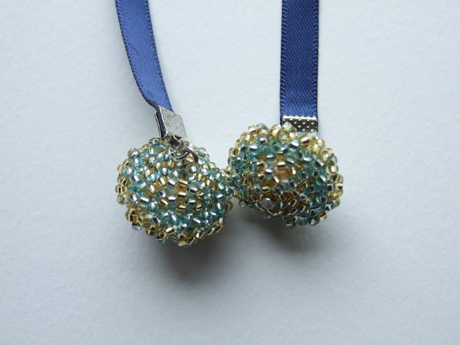 Pale Blue and Gold Saturn Beaded Bead Satin Ribbon Bookmark Thong