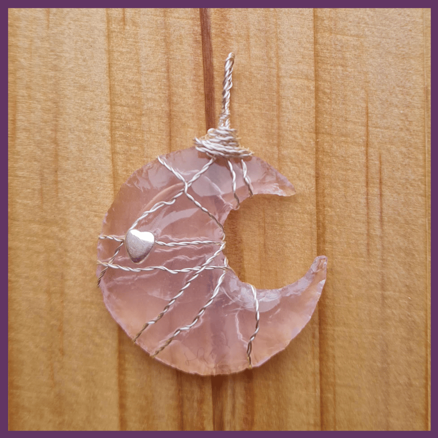 Wire Wrapped Rose Quartz Moon with heart