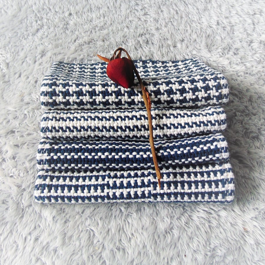 Reusable Kitchen Cloths, Face Cloths, Hand Woven Dishcloths, Navy and White