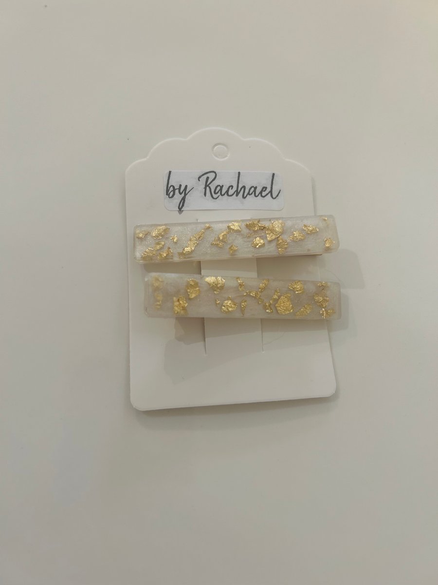 Shimmer white hair clips with gold leaf