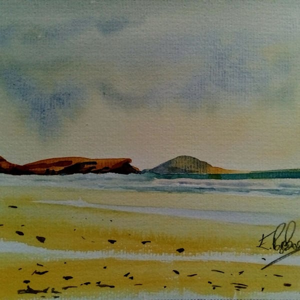 Ireland Seascape, Donegal Beach, original watercolour painting, signed, A5.