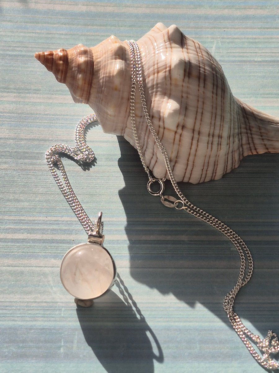 Beautiful Sterling Silver Spinning Rose Quartz Crystal Ball Pendant Necklace 