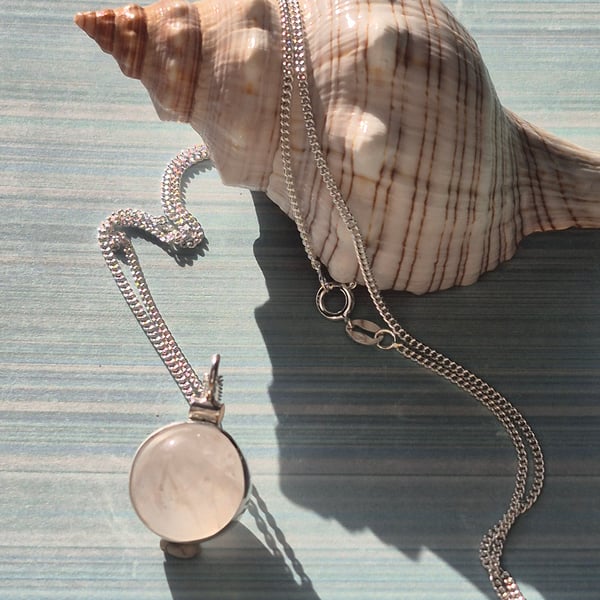 Beautiful Sterling Silver Spinning Rose Quartz Crystal Ball Pendant Necklace 