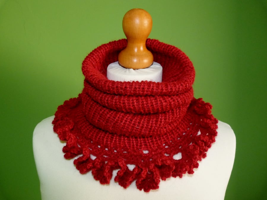 Cowl with Ruffle Crochet Trim in Alpaca Blend  Double Knit Weight Yarn. 