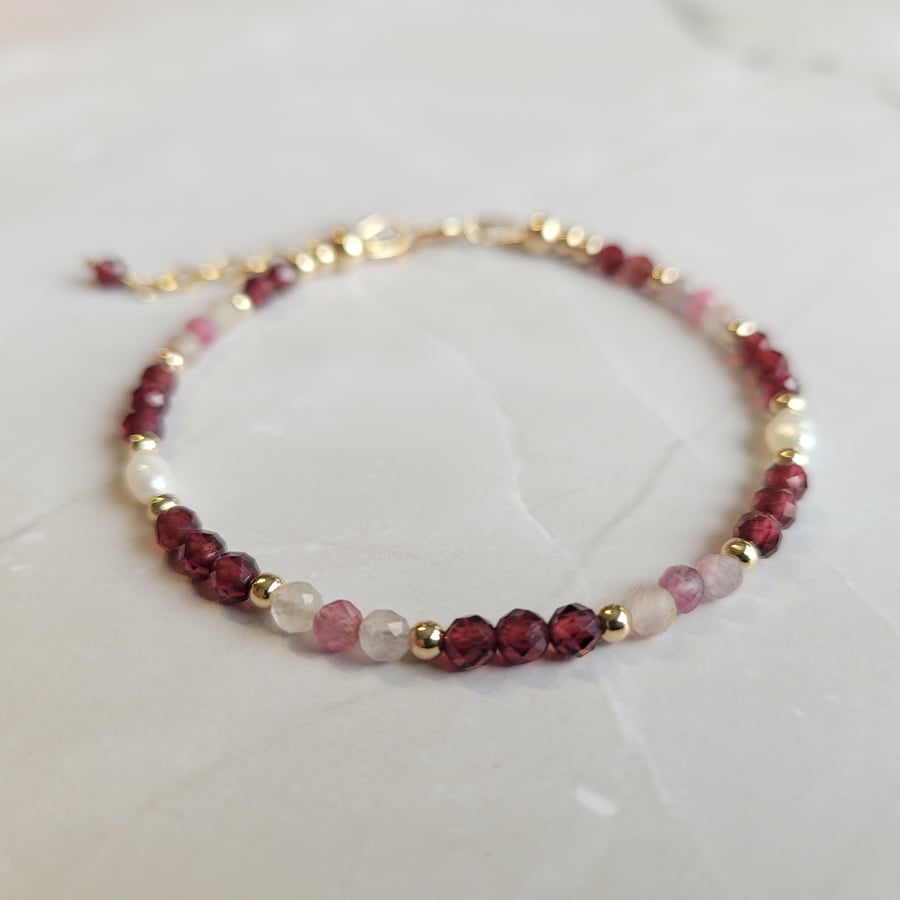 Gemstone and Pearl Bracelet with Garnet and Tourmaline 14kt Gold Filled