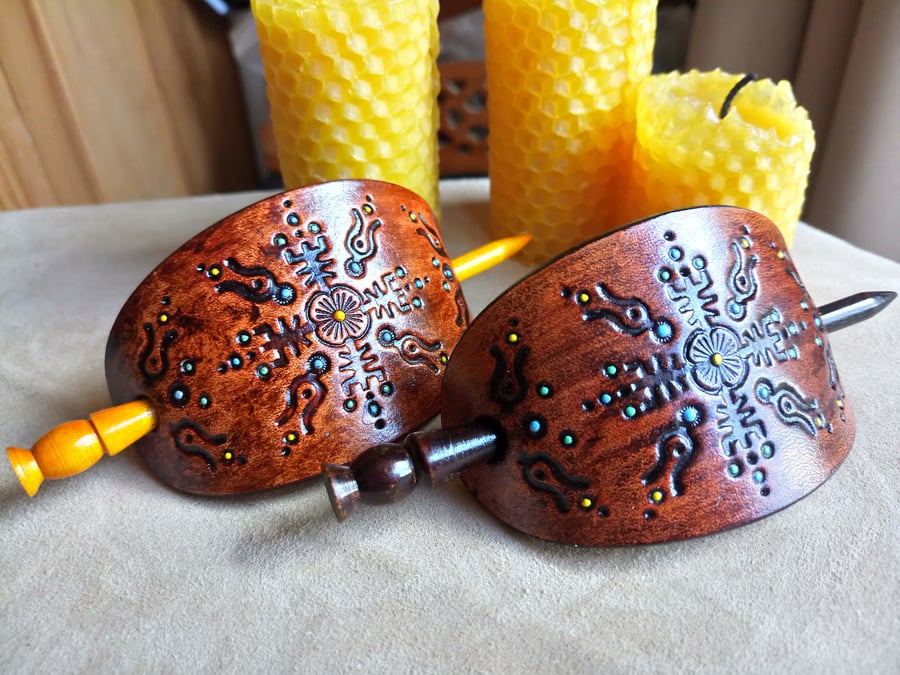 Handmade Leather Hair Barrette, Leather Hair Slide with Turned Wooden Hair Stick