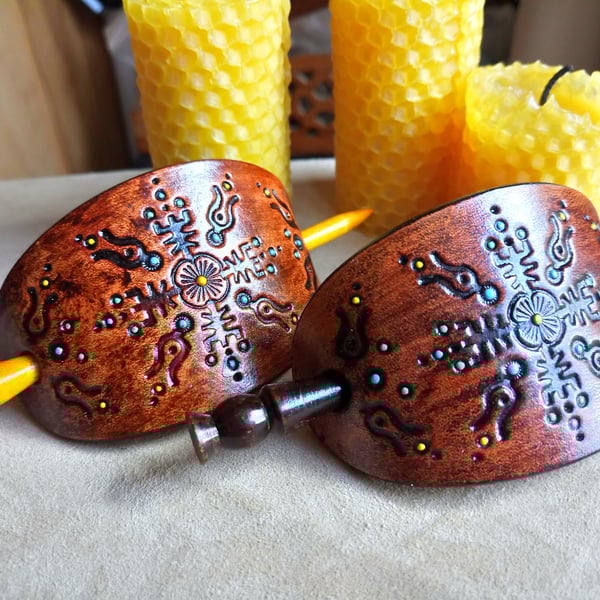 Handmade Leather Hair Barrette, Leather Hair Slide with Turned Wooden Hair Stick