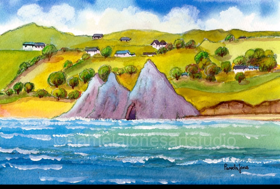 Three Cliffs Bay, Gower, From The Sea, Original Watercolour, in 14 x 11 '' Mount