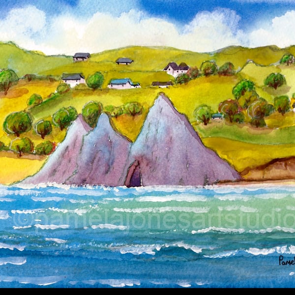 Three Cliffs Bay, Gower, From The Sea, Original Watercolour, in 14 x 11 '' Mount