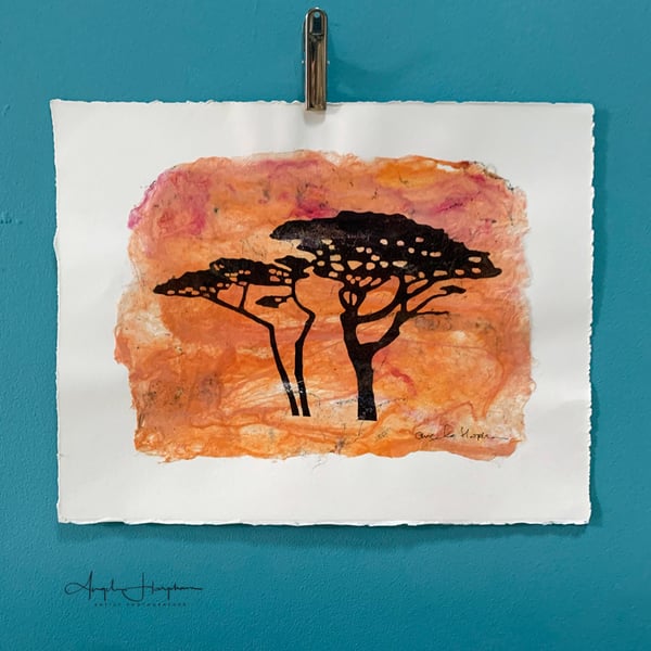 Sunset Trees Drawing Print on Handmade on Silk Paper