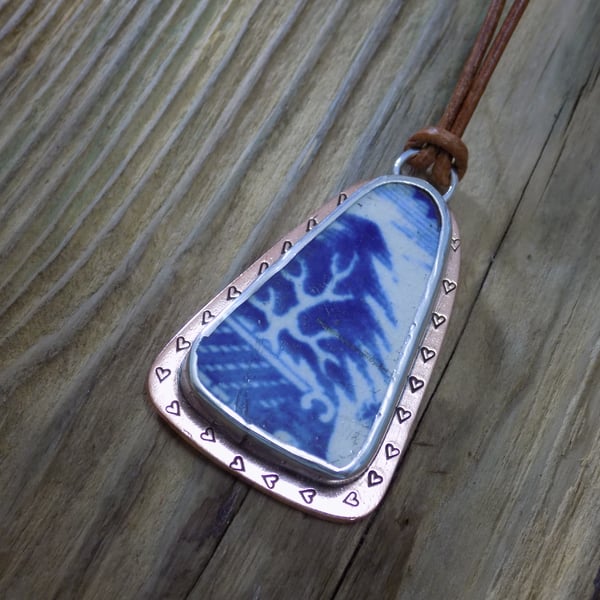 Copper and silver bezel set large Thames pottery pendant