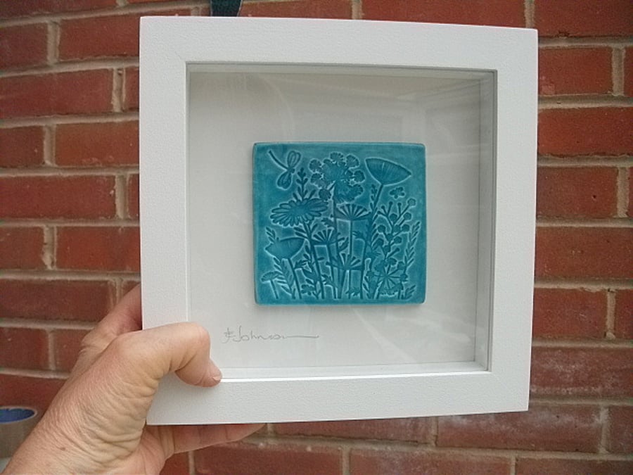 SALE - Turquoise Ceramic Woodland Plaque Picture - Rustic Frame