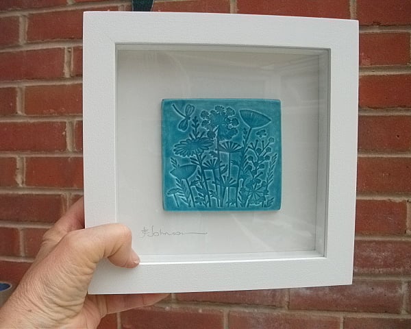 SALE - Turquoise Ceramic Woodland Plaque Picture - Rustic Frame