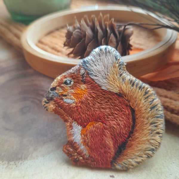 Hand Embroidered Red Squirrel Brooch 