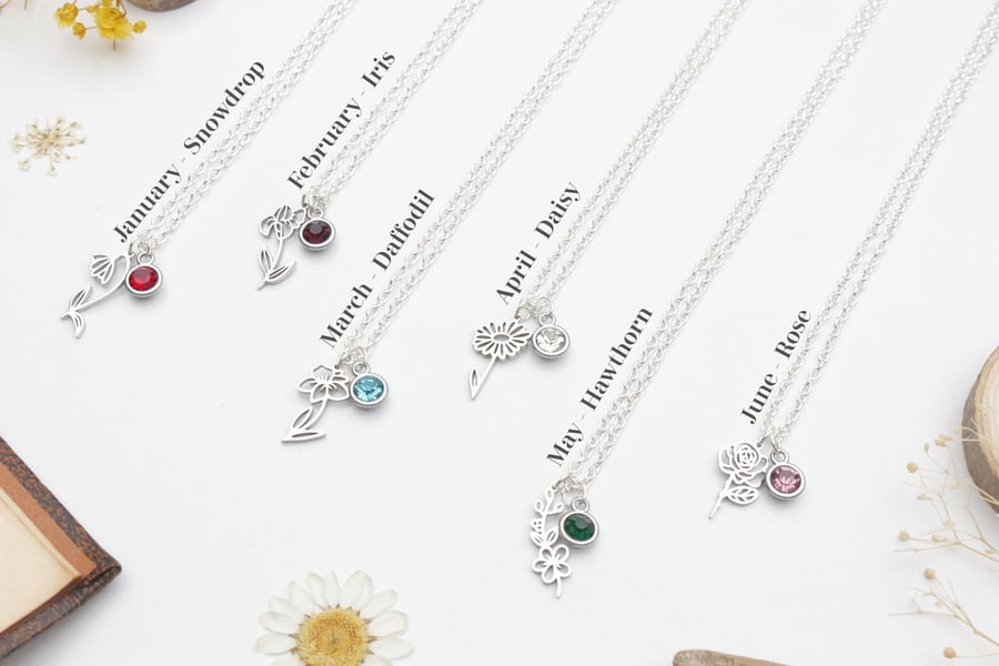 Birth Flower Necklaces with Birthstone - Gift for her. Birth Month Necklace.