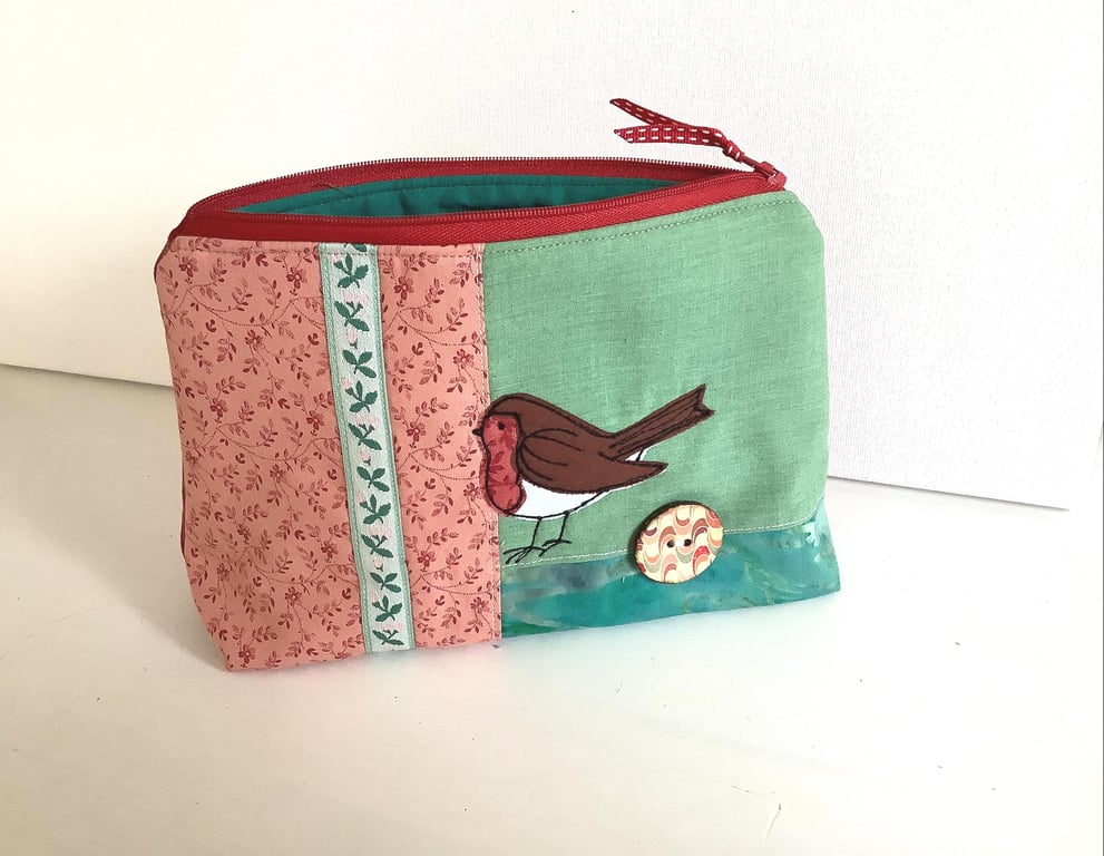 Cosmetic Bag with Vintage Fabrics and Robin Embroidery - Boho Patchwork Makeup