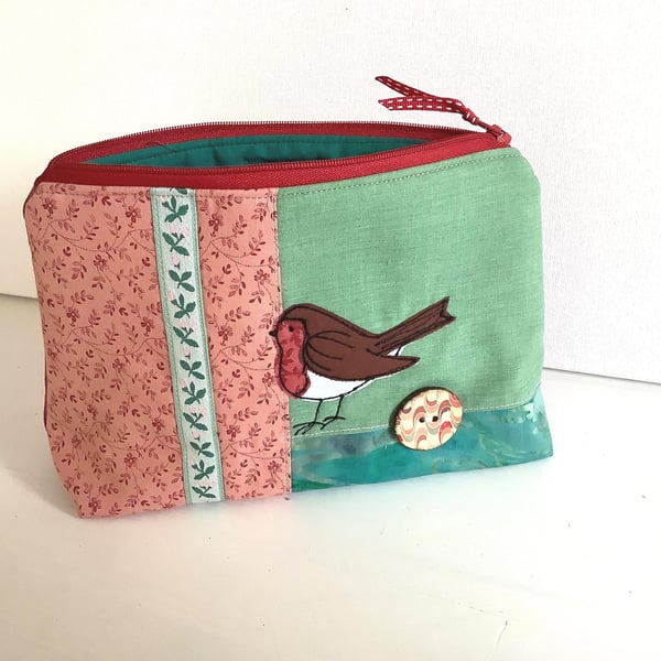 Cosmetic Bag with Vintage Fabrics and Robin Embroidery - Boho Patchwork Makeup
