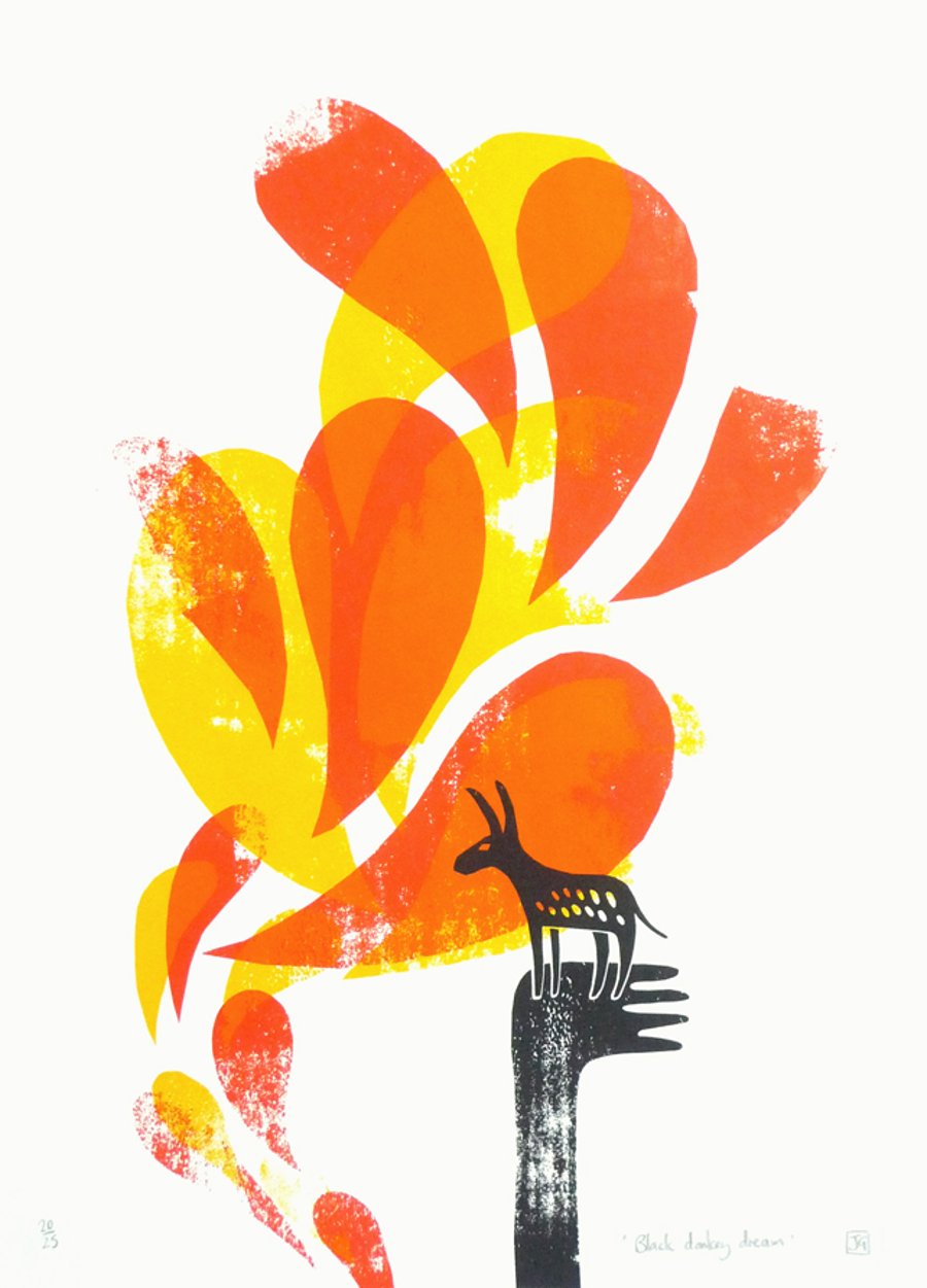 Black Donkey Dream 3-colour A3 screen print (red, yellow, orange)