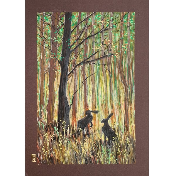 Hares in an Autumn Forest Landscape, small original drawing, wall art