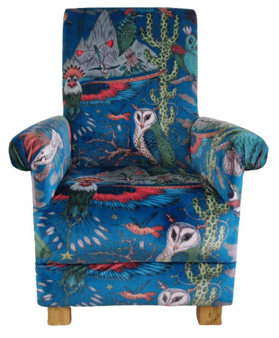 Emma Shipley Frontier Teal Velvet Fabric Adult Chair Armchair Blue Birds Eagles 