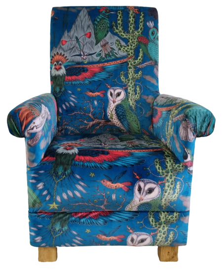 Emma Shipley Frontier Teal Velvet Fabric Adult Chair Armchair Blue Birds Eagles 