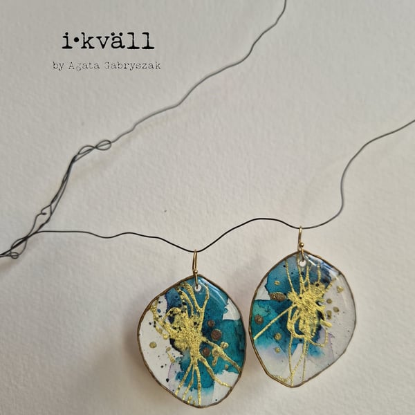 Large Lightweight Blue Gold Statement Artistic Earrings