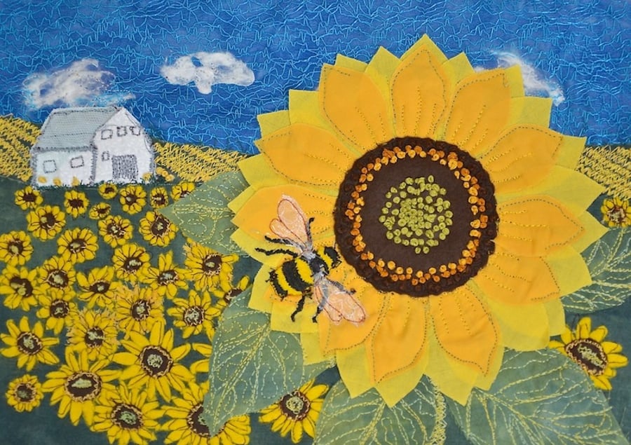 Sunflower and bumble bee picture  - limited edition art print by Heidi Meier