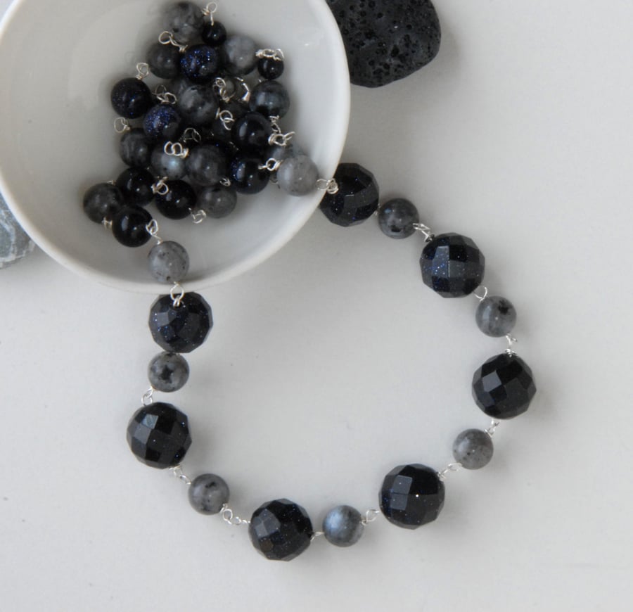 Blue goldstone and grey larvakite necklace