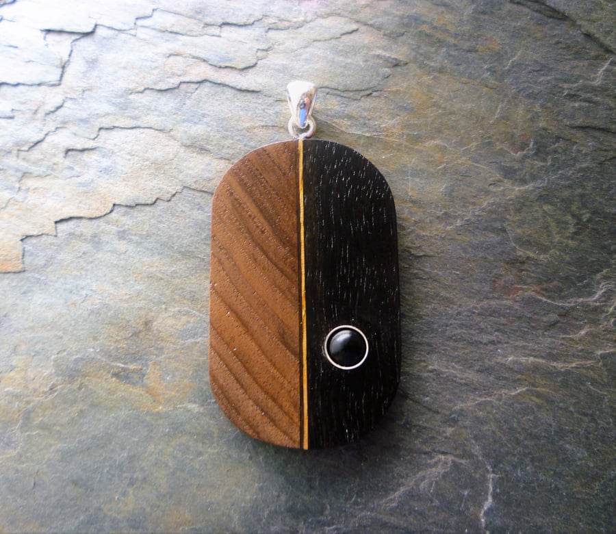 Walnut , Ebony and Onyx Wood Pendant, silver