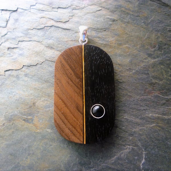 Walnut , Ebony and Onyx Wood Pendant, silver