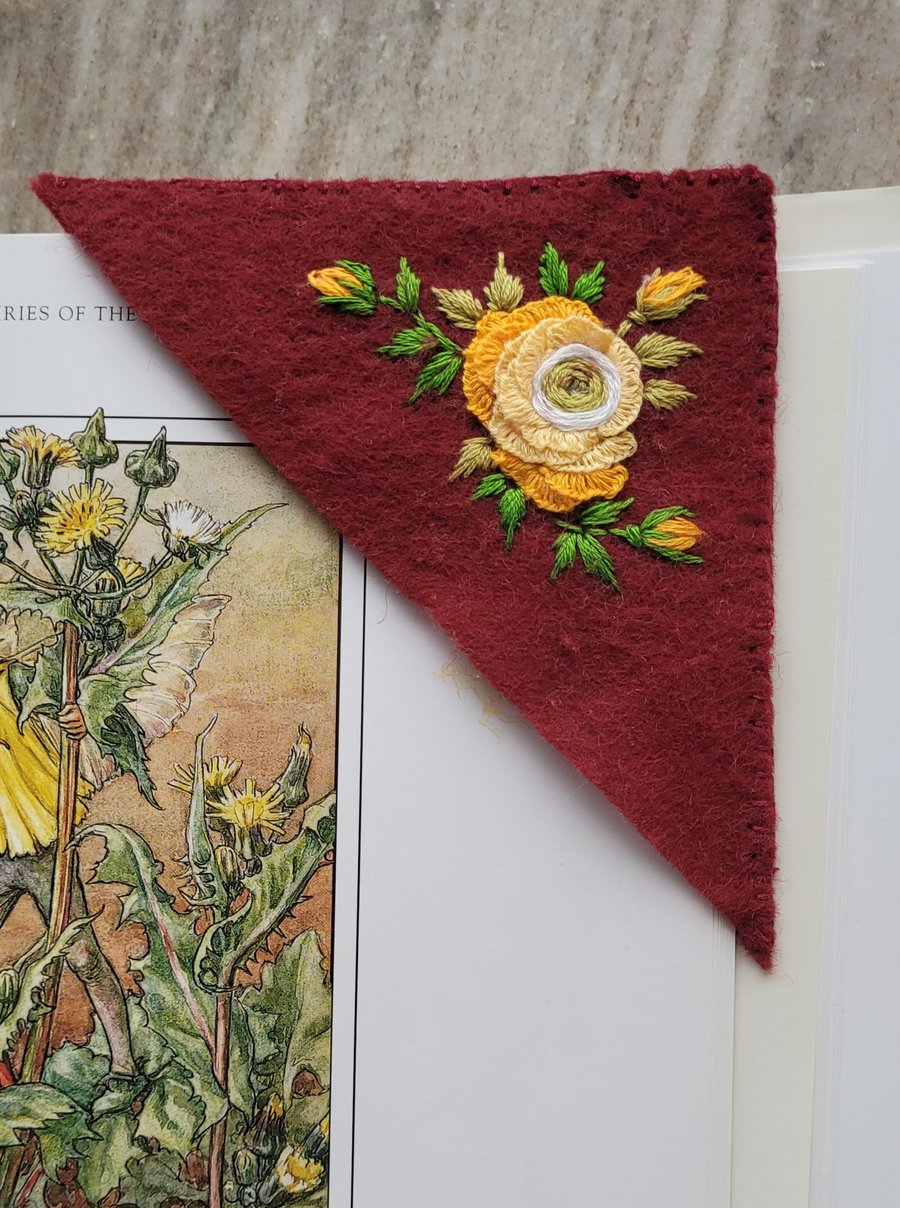 personalised Corner Bookmark, hand embroidered, yellow roses,  booklovers gift