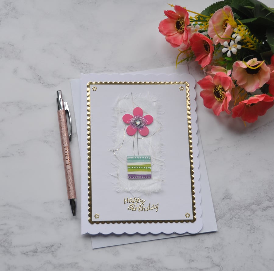 Happy Birthday Card Pink Flower Handmade Paper Gold Foil 3D Luxury Handmade Card