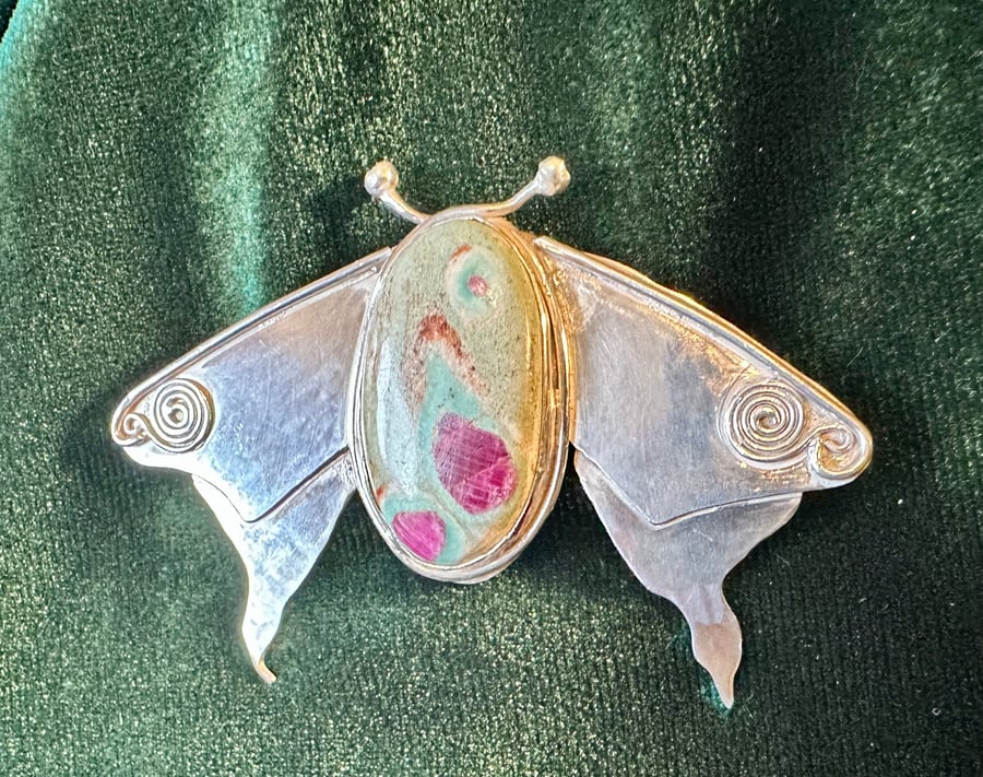 Luna Moth ruby in fuchsite broach