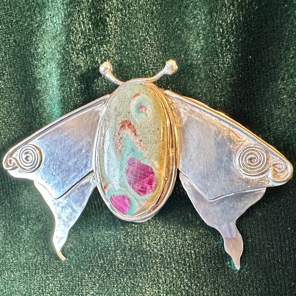 Luna Moth ruby in fuchsite broach