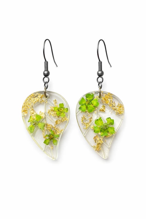 Leaf Resin Dangle Earrings with Real Green Flowers & Gold Leaf
