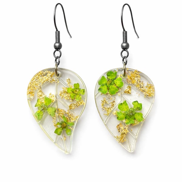Leaf Resin Dangle Earrings with Real Green Flowers & Gold Leaf
