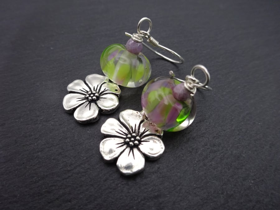 lampwork glass green and purple earrings, flower charm