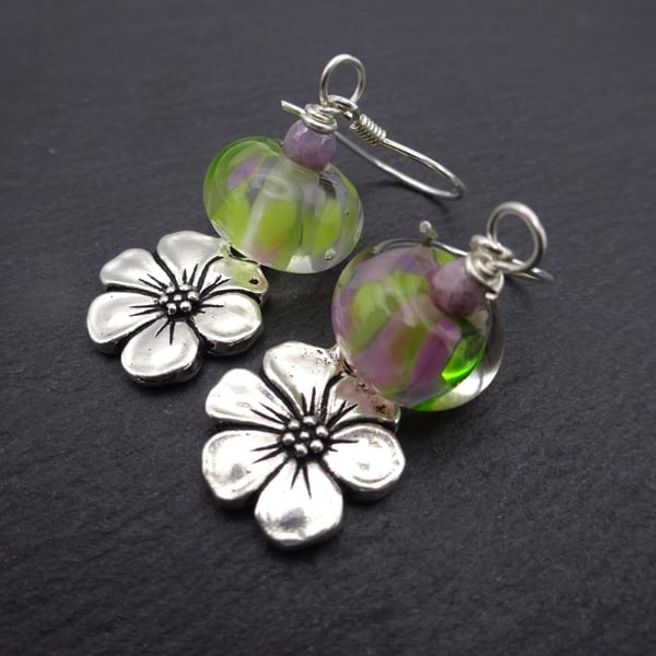 lampwork glass green and purple earrings, flower charm