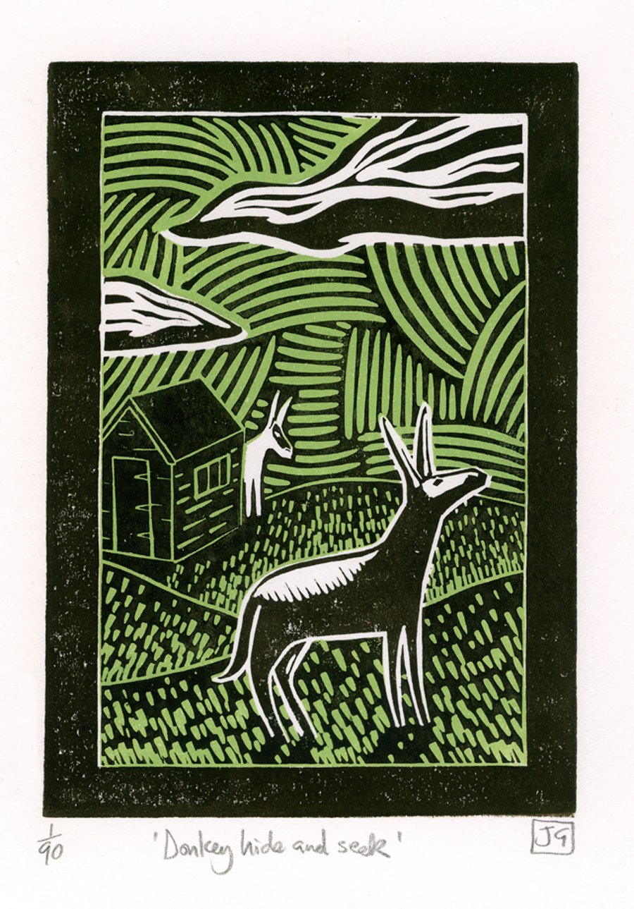 Donkey Hide And Seek two-colour linocut print