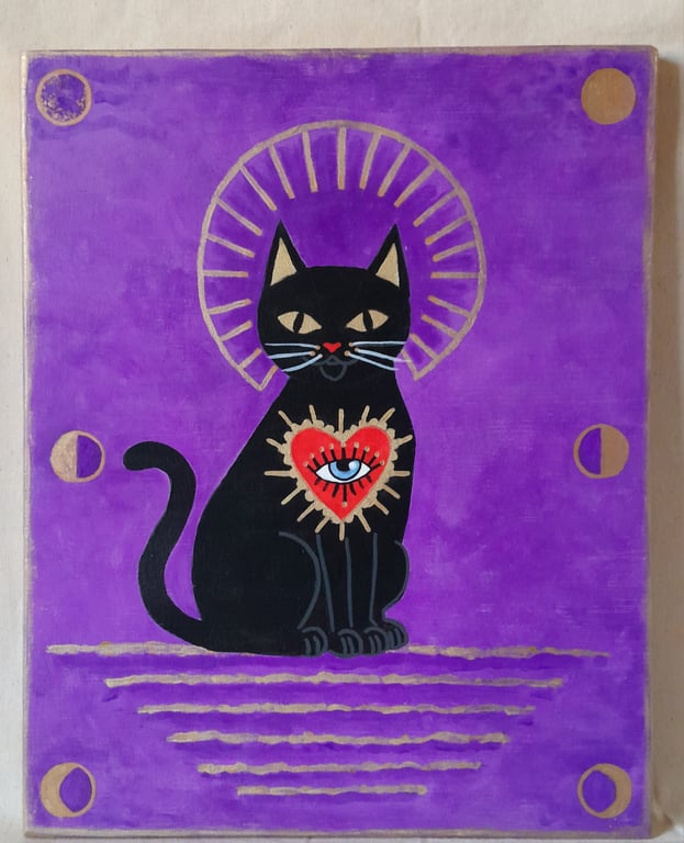 Black Cat Familiar with Moon Phases Hand-painted on Wood Panel