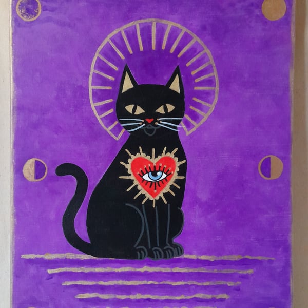 Black Cat Familiar with Moon Phases Hand-painted on Wood Panel