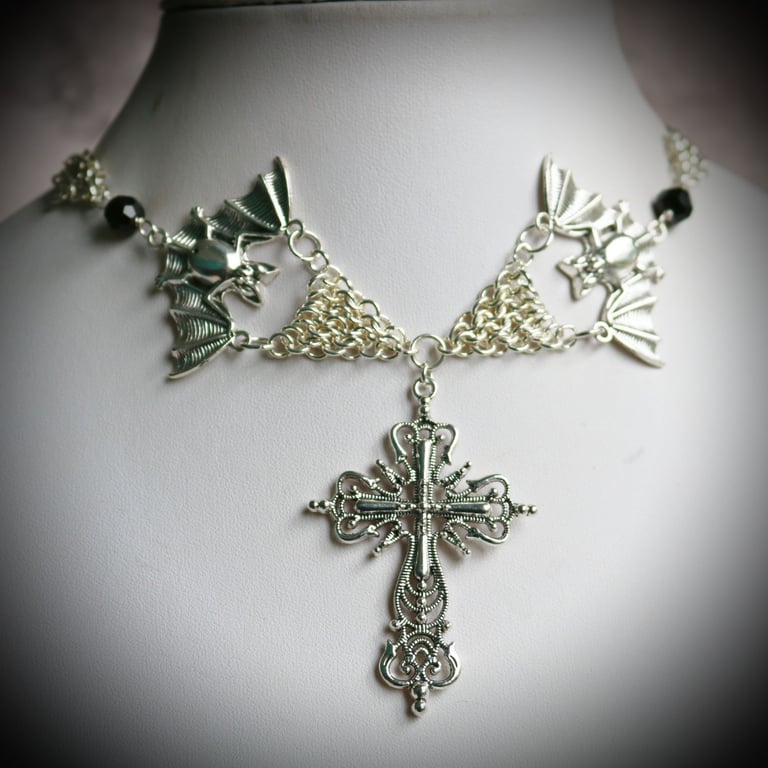 Gothic Cross and Bats Chainmaille Necklace, Alternative Jewellery