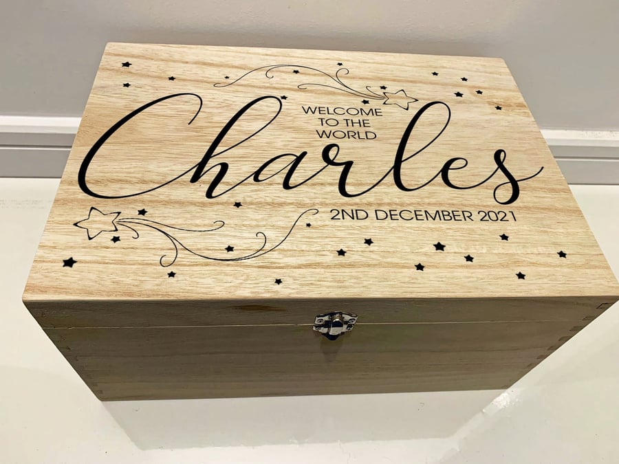Large Personalised Engraved Wooden Baby Keepsake Box with Shooting Stars