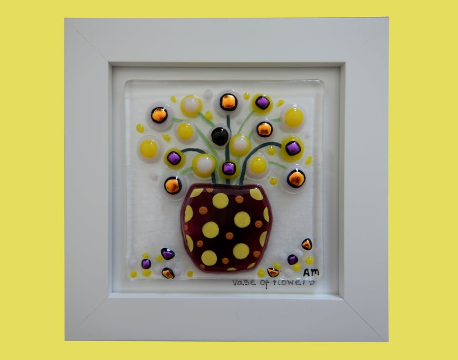 Handmade Fused Glass 'Vase of Flowers' Picture.