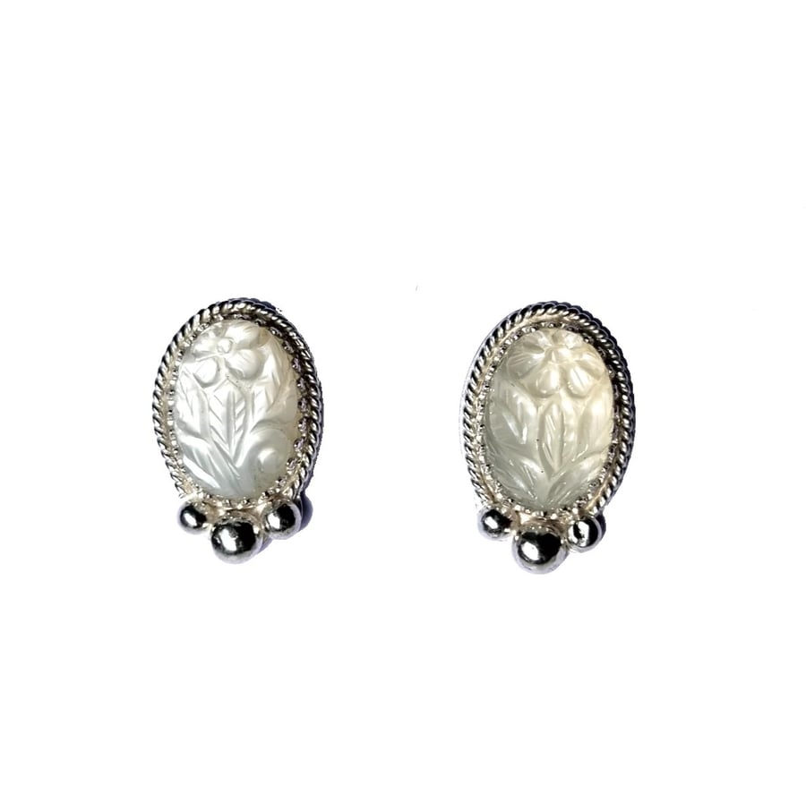 White Moonstone Earrings Sterling Silver Jewellery Gift Oval Mughal Carving