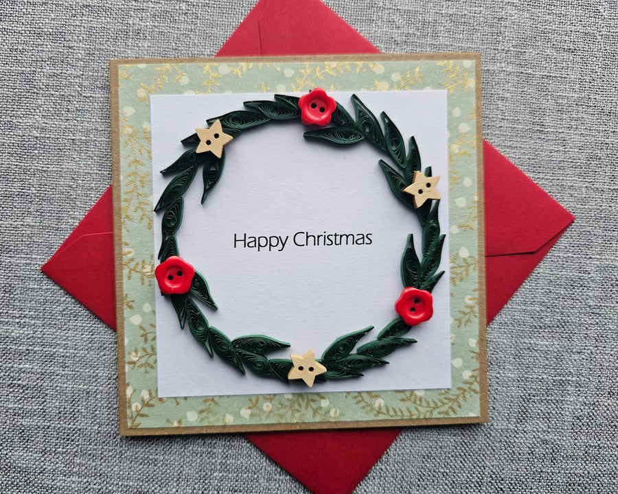 Handmade Quilled Greenery Wreath Christmas Card  with Buttons Size 5" x 5" 
