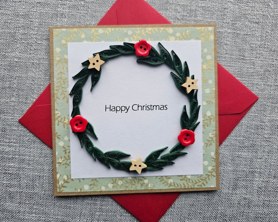 Handmade Quilled Greenery Wreath Christmas Card  with Buttons Size 5" x 5" 